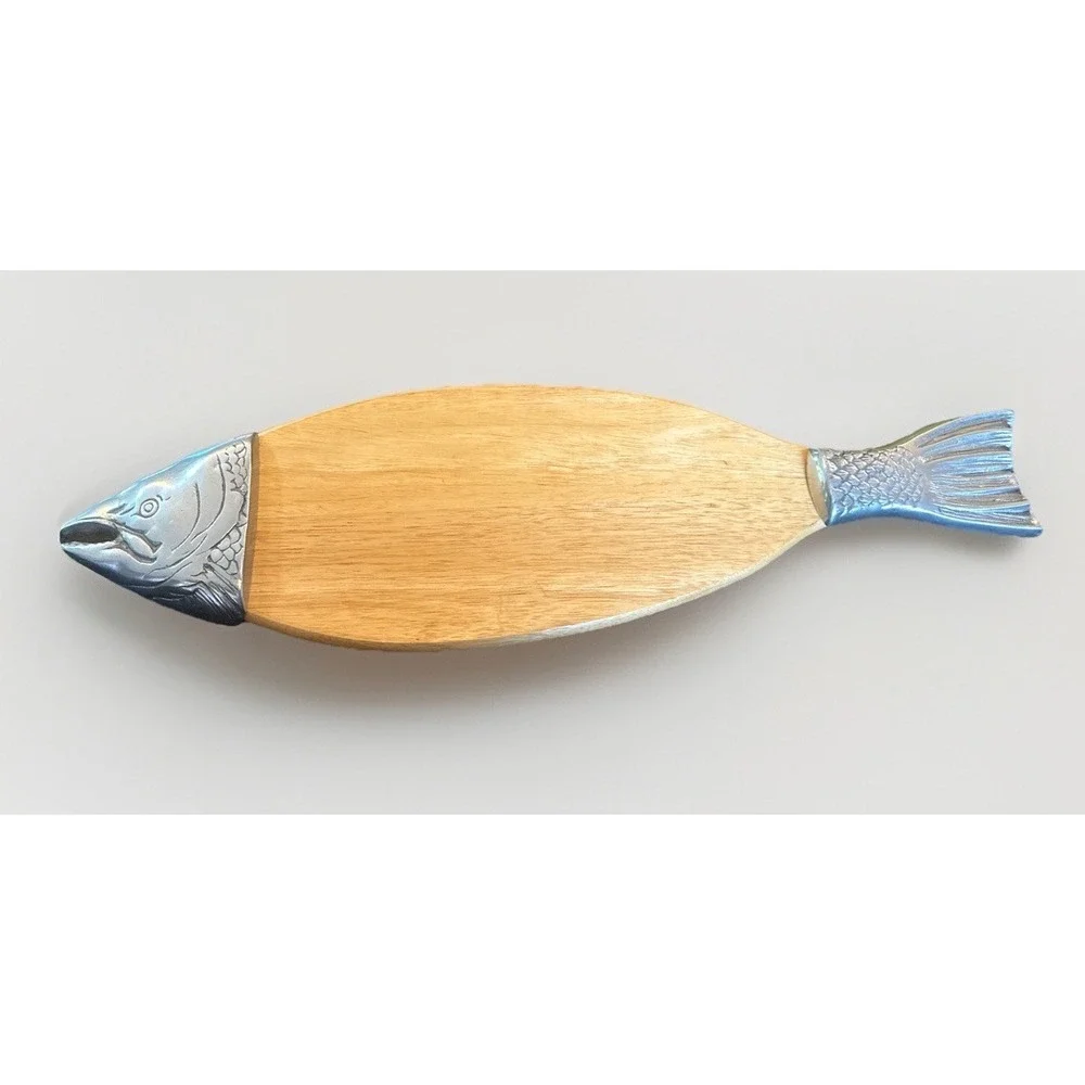 Vintage Salmon‎ Fish Wood And Pewter Cutting Board Charcuterie Serving Tray 26